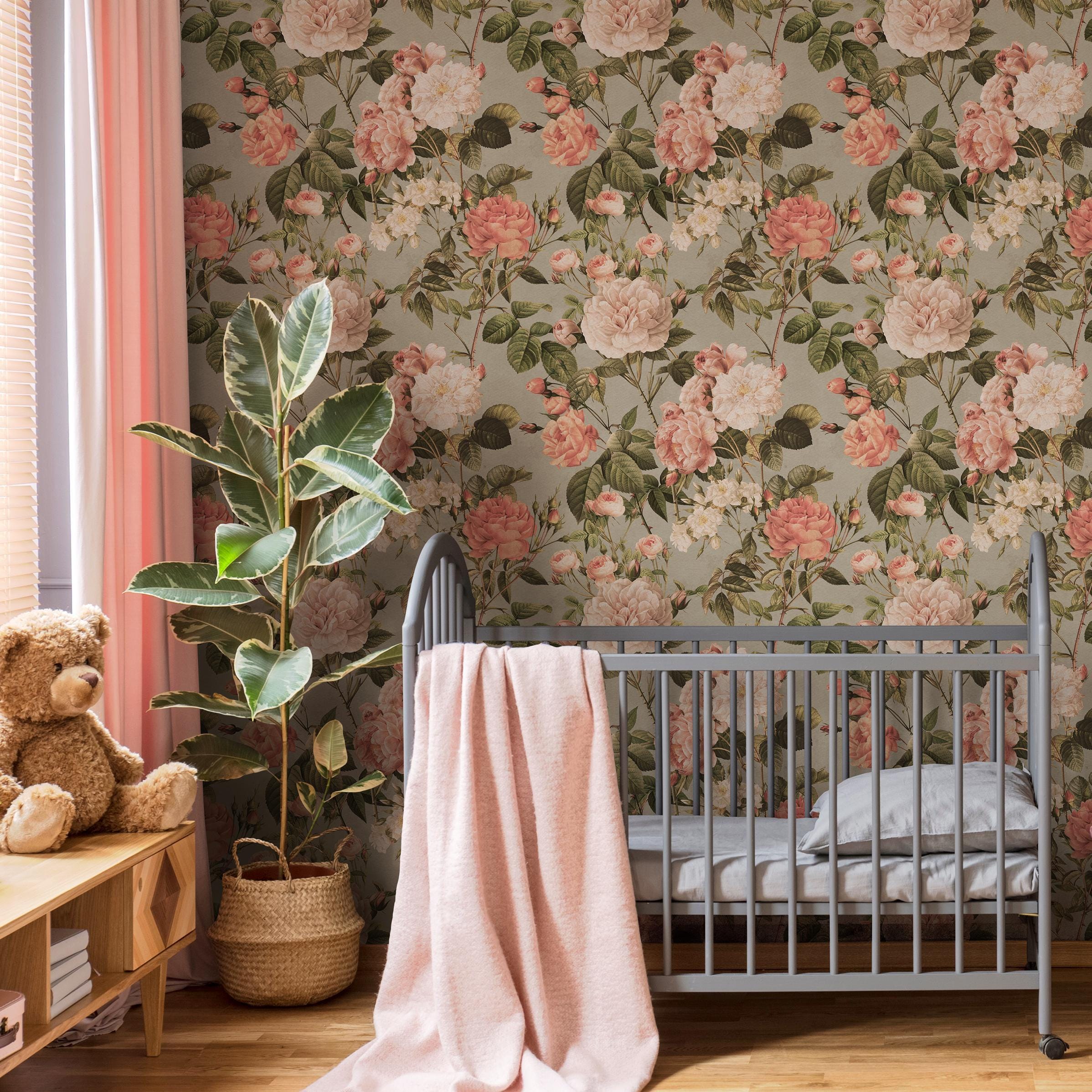 Floral Wallpaper With Vintage Roses and Peonies in Pink, Green, and ...
