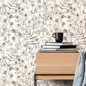 Black and White Wildflowers Wallpaper / Peel and Stick Wallpaper Removable Wallpaper Home Decor Wall Art Wall Decor Room Decor D306 image 4