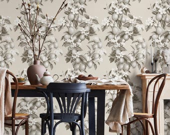 Vintage lemon tree wallpaper, citrus wallpaper, fruit kitchen wallpaper, Italian-inspired home decor - LEMON - E0999 C