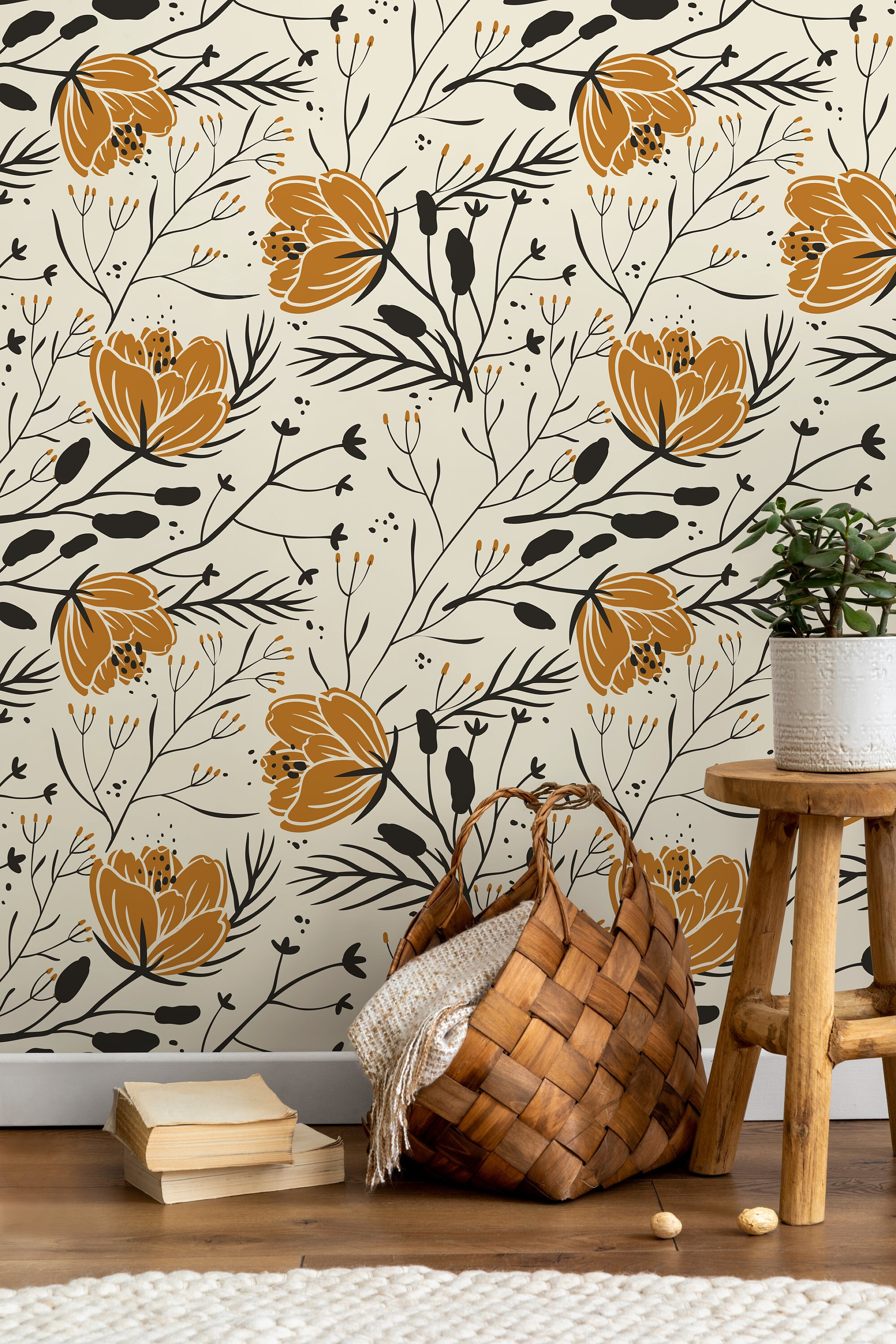 Floral Boho Wallpaper / Peel and Stick Wallpaper Removable Wallpaper Home Decor Wall Art Wall Decor Room Decor - D150