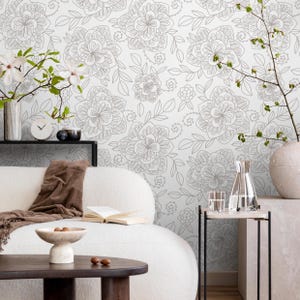 Floral Wallpaper with a Hand-Drawn Botanical Motif in Beige and White - C963