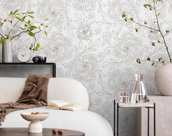 Floral Wallpaper with a Hand-Drawn Botanical Motif in Beige and White - C963