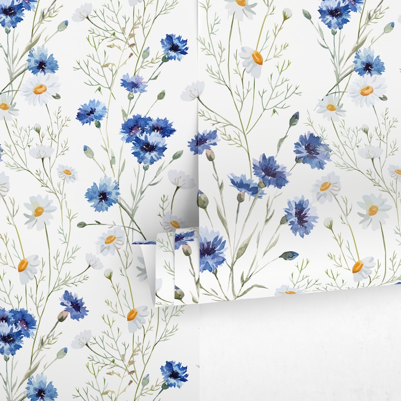 Wallpaper Peel and Stick Wallpaper Removable Wallpaper Home Decor Wall Art Wall Decor Room Decor / Flue Floral and Daisies Wallpaper A143 image 3