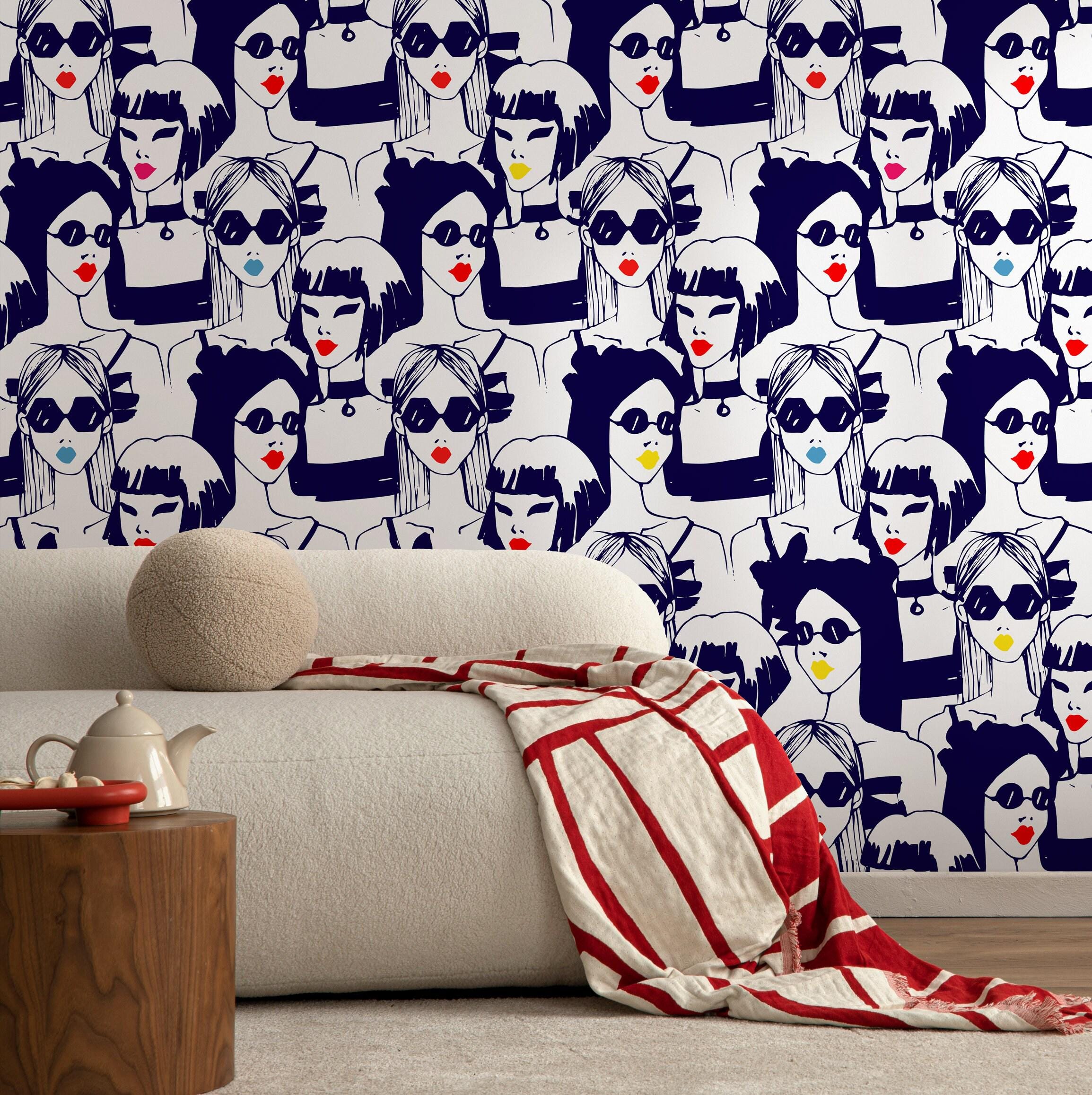 Pop Art Fashion Faces Wallpaper - Red & Blue - B285 - Etsy