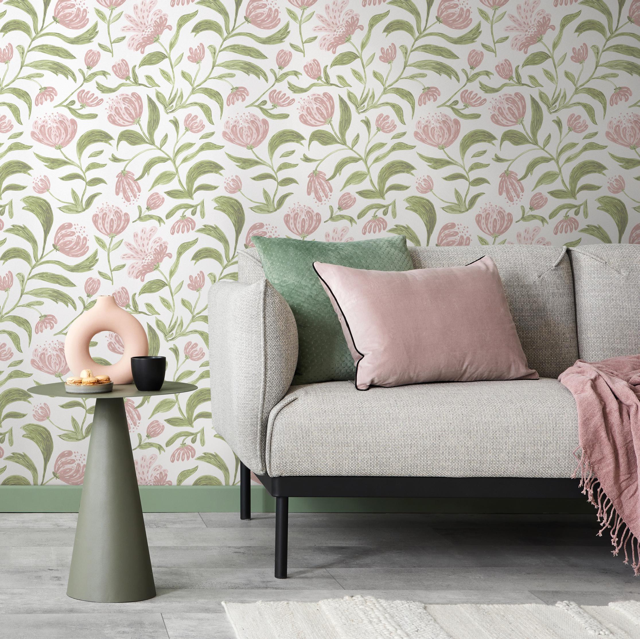 Vintage Floral Pink Green Wallpaper - C972 - Etsy