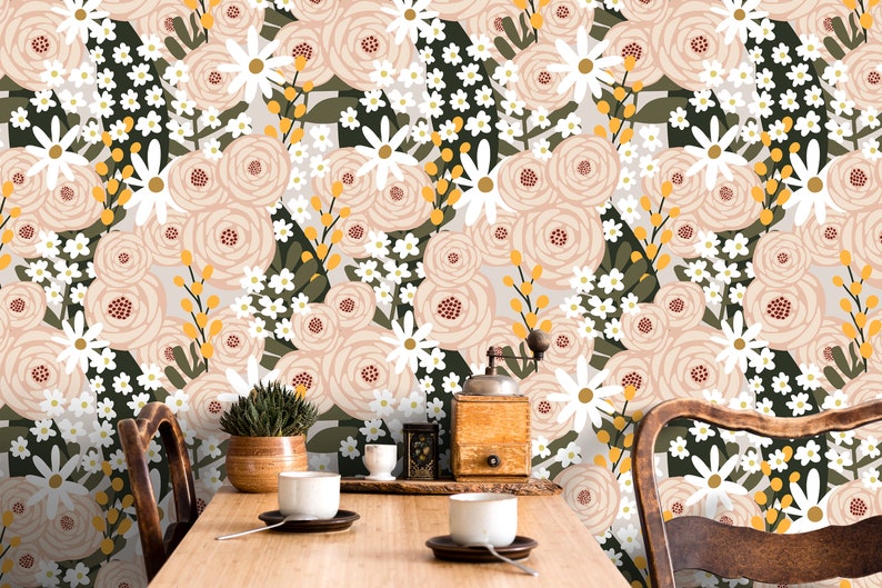 Scandinavian Floral Garden Wallpaper / Peel and Stick Wallpaper Removable Wallpaper Home Decor Wall Art Wall Decor Room Decor C930 image 3