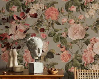 Floral Wallpaper with Vintage Roses and Peonies in Pink, Green, and Gray - E305