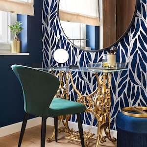 Navy Blue Leaf Boho Wallpaper / Peel and Stick Wallpaper Removable Wallpaper Home Decor Wall Art Wall Decor Room Decor - C804