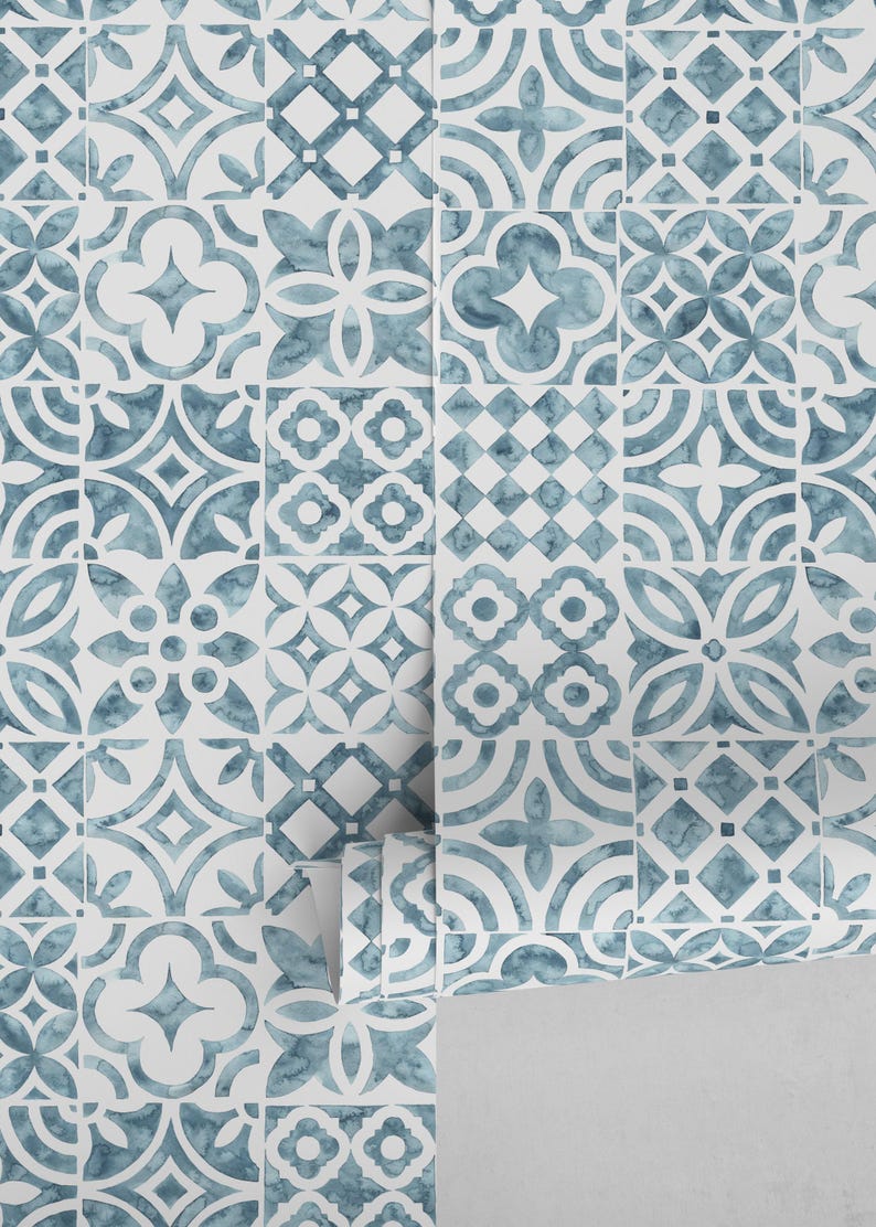 Moroccan Mosaic Blue White Wallpaper - D526 - Etsy Australia
