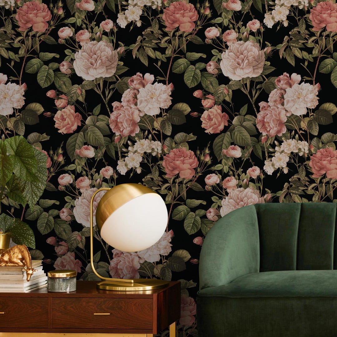 Floral Wallpaper With Vintage Roses in Pink, Green, and Black - E306 - Etsy