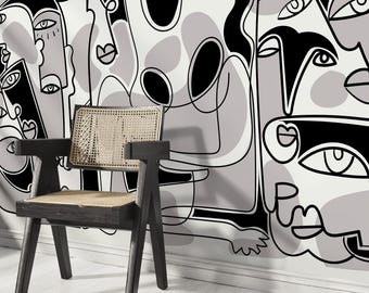 Cubism Wallpaper Inspired by Picasso Faces in Black, White, and Grey - D588