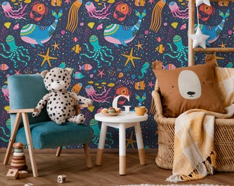 Wallpaper Peel and Stick Wallpaper Removable Wallpaper Home Decor Wall Art Wall Decor Room Decor / Cute Sea Animals Kids Wallpaper - B752