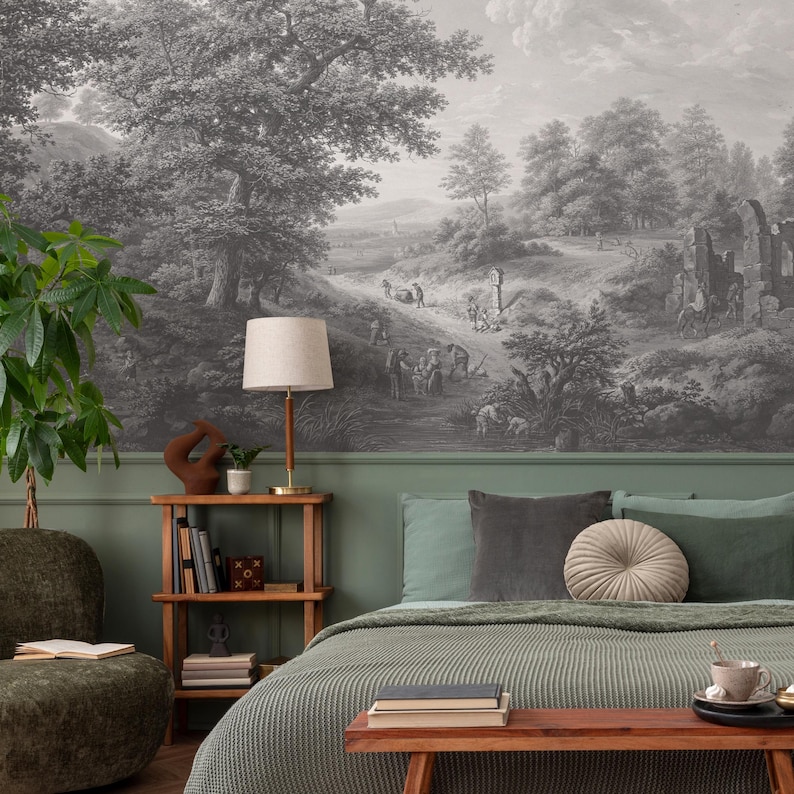 Scenic Wallpaper With a Vintage Pastoral Scene in Black and White ...