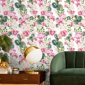 Floral Cactus Watercolor Green Pink Wallpaper - B020