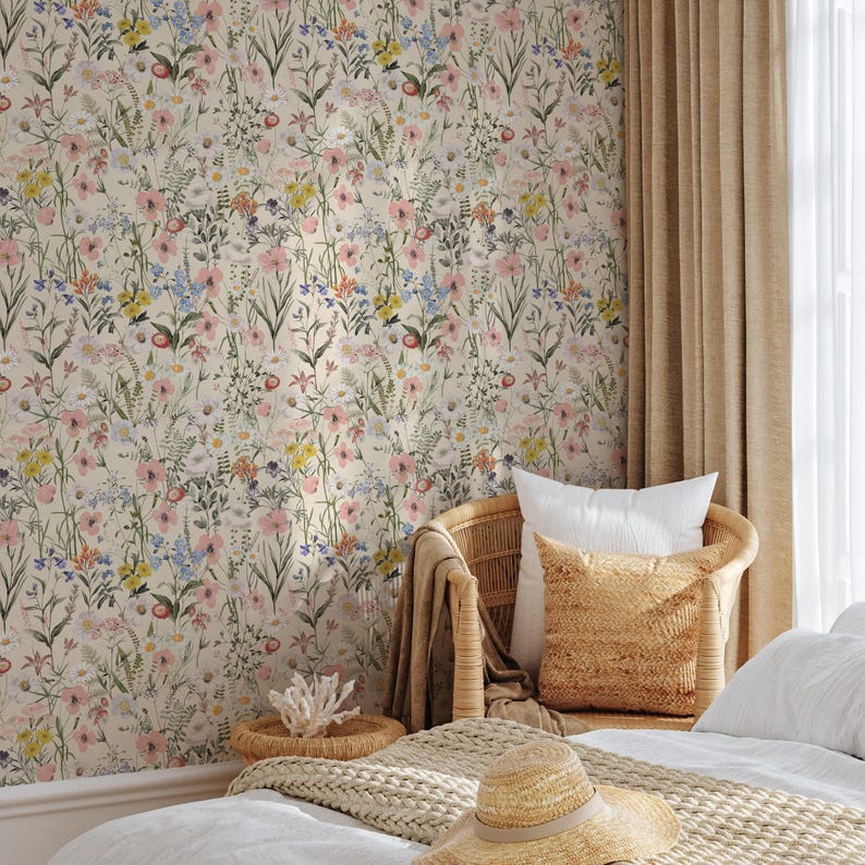 Wildflower Wallpaper With a Vintage Meadow Motif in Pink, Blue, and ...