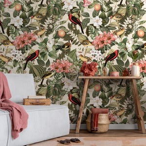 Botanical Wallpaper with Vintage Birds and Florals in Green and Red - E100 B