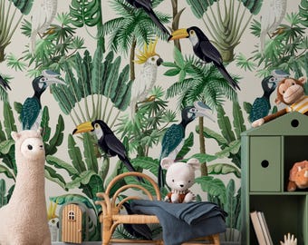 May include: A whimsical children's room scene featuring a jungle-themed wallpaper with toucans, parrots, and lush green foliage. A rattan bed, green shelving unit, and stuffed animals, including an alpaca and a monkey, complete the playful decor.