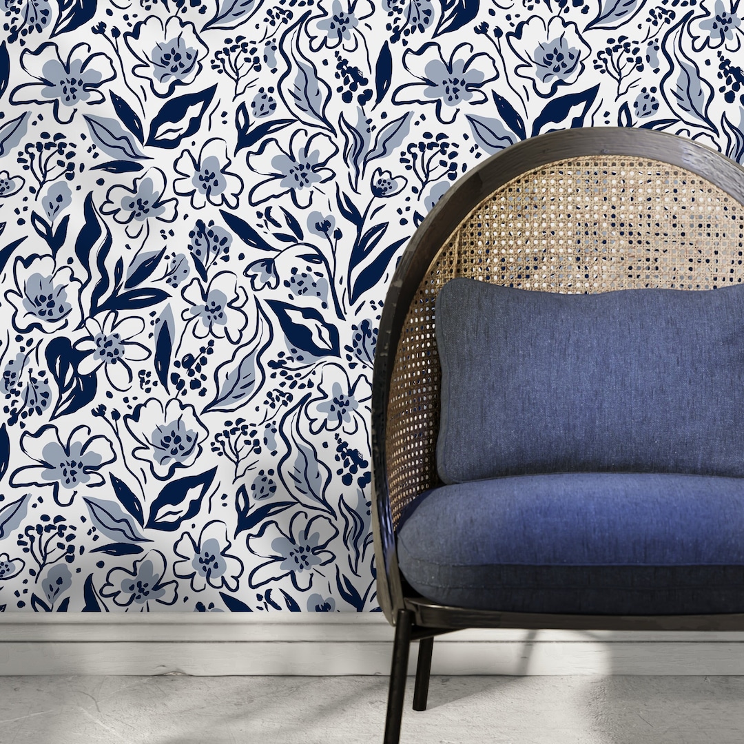 Navy Floral and Leaf Wallpaper / Peel and Stick Wallpaper Removable ...