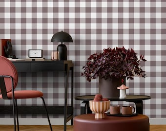 Gingham Peel and Stick Wallpaper - Buffalo Check Plaid in Brown and White - E082