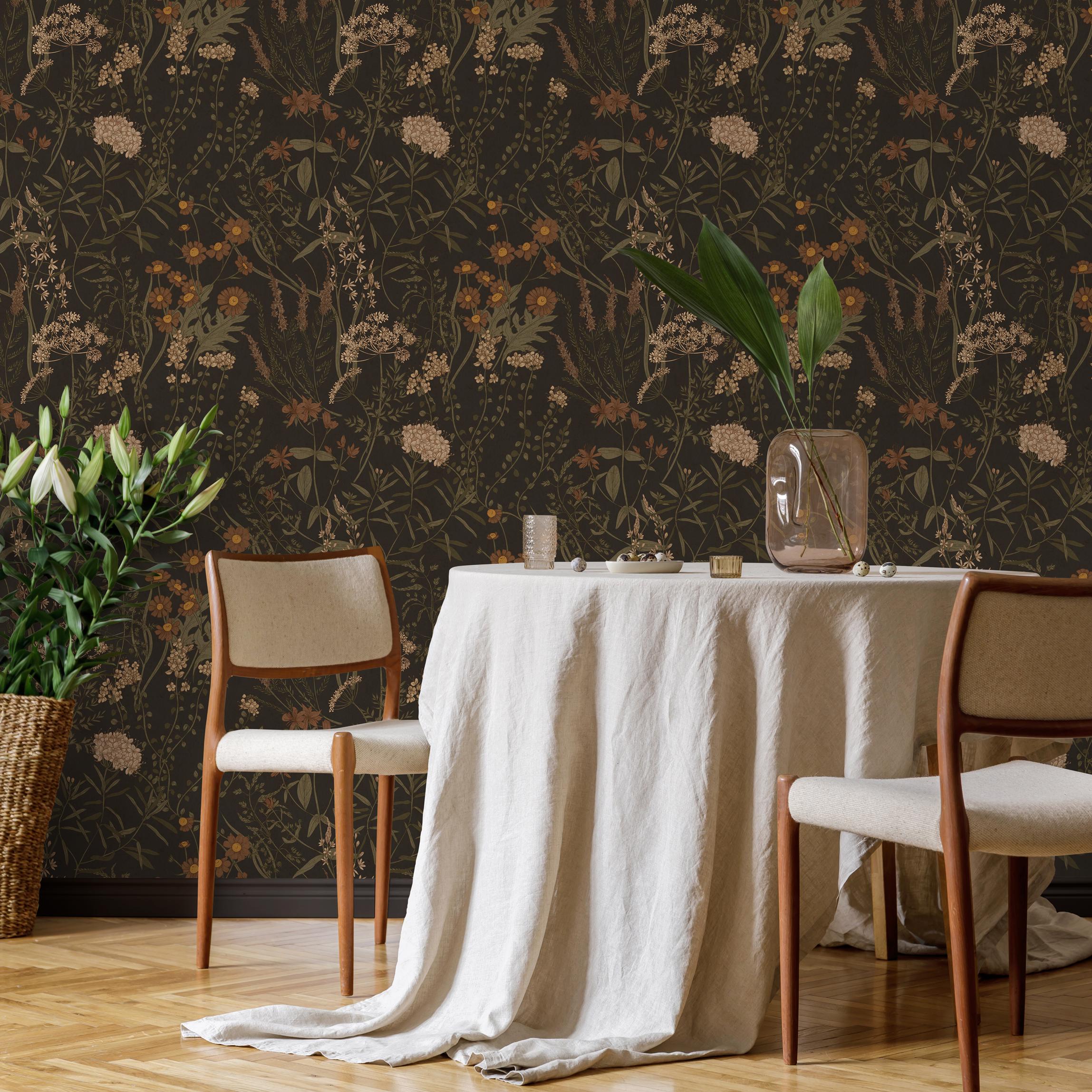 Botanical Wallpaper With a Vintage Wildflower Meadow in Brown, Green ...
