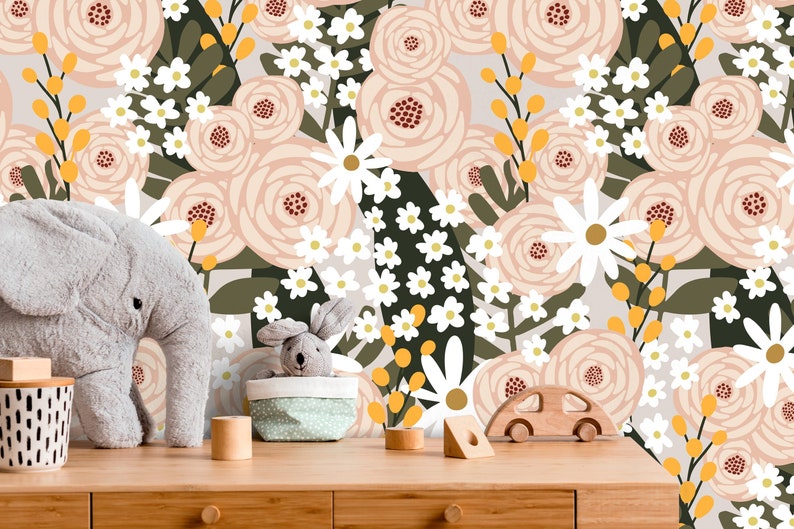 Scandinavian Floral Garden Wallpaper / Peel and Stick Wallpaper Removable Wallpaper Home Decor Wall Art Wall Decor Room Decor C930 image 1