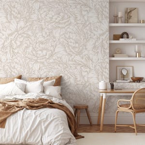 Floral Wallpaper With Hand-Drawn Peonies in Beige and Cream - D520