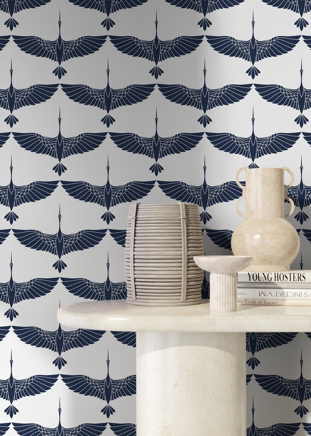 Mid Century Cranes Wallpaper Art Deco Swans Navy Blue Wallpaper / Peel ...