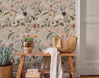 Watercolor Wildflower Wallpaper / Soft Botanical Floral Wall Mural / Small Flower and Grass Wallpaper / Field Flower Wall Mural - E116