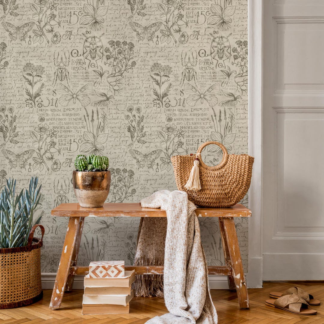 Botanical Wallpaper With Vintage Scientific Illustrations in Green and ...
