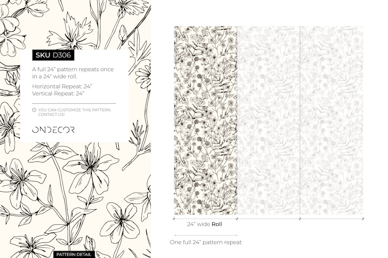 Black and White Wildflowers Wallpaper / Peel and Stick Wallpaper Removable Wallpaper Home Decor Wall Art Wall Decor Room Decor D306 image 6