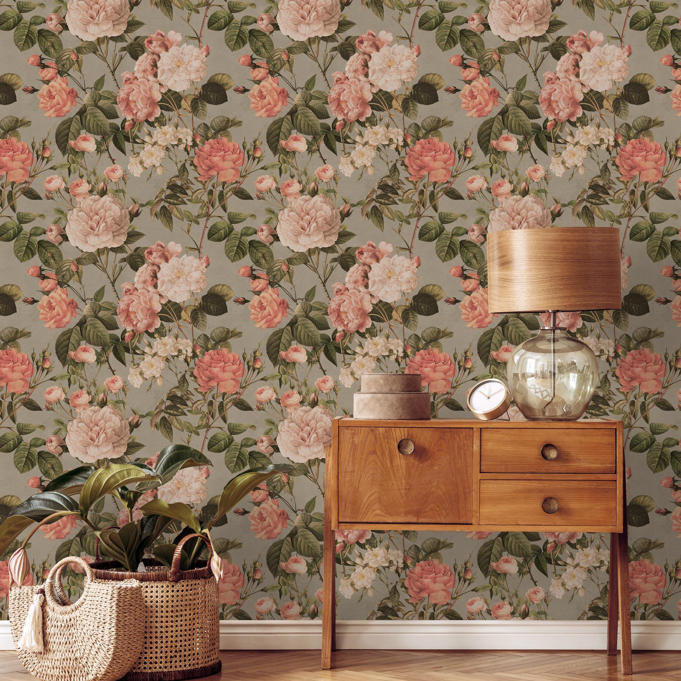 Floral Wallpaper With Vintage Roses and Peonies in Pink, Green, and ...