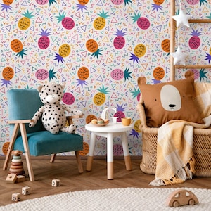 Geometric Wallpaper with a Funky Pineapple Motif in Pink, Yellow, and Orange - B268