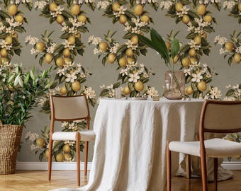Vintage lemon tree wallpaper, citrus wallpaper, fruit kitchen wallpaper, Italian-inspired home decor - LEMON - E059 A