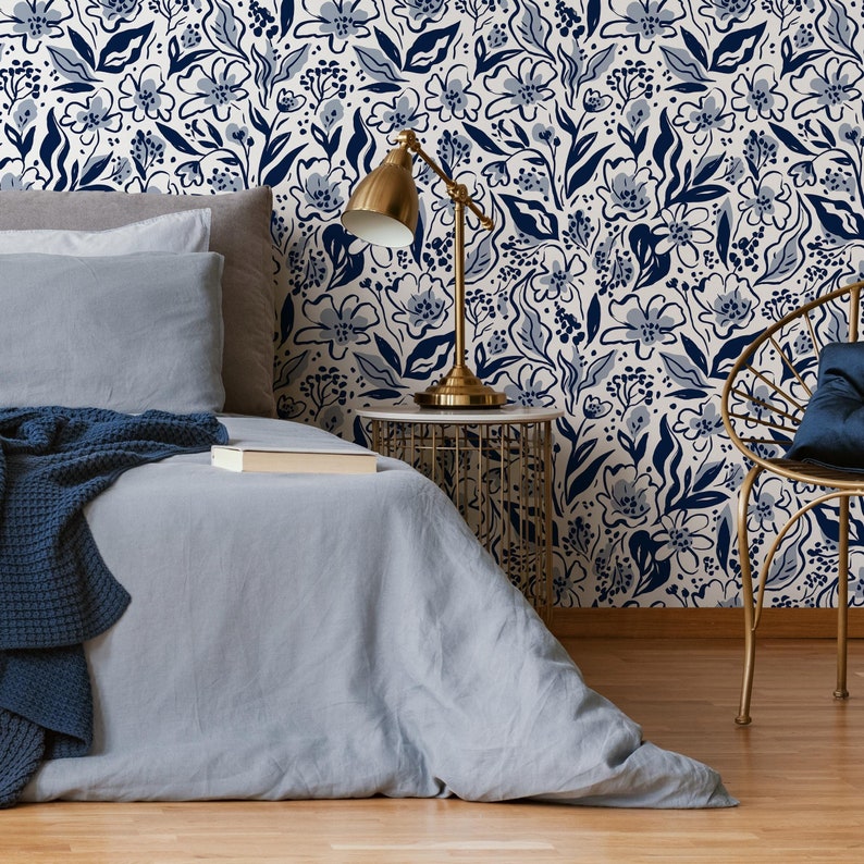 Navy Floral and Leaf Wallpaper / Peel and Stick Wallpaper Removable ...