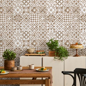 Vintage Tile Wallpaper with a Floral Mosaic Motif in Brown and Beige - D525