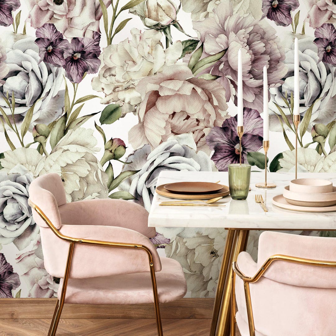 Floral Wallpaper With a Vintage Peony Motif in Blush Pink, Purple, and ...
