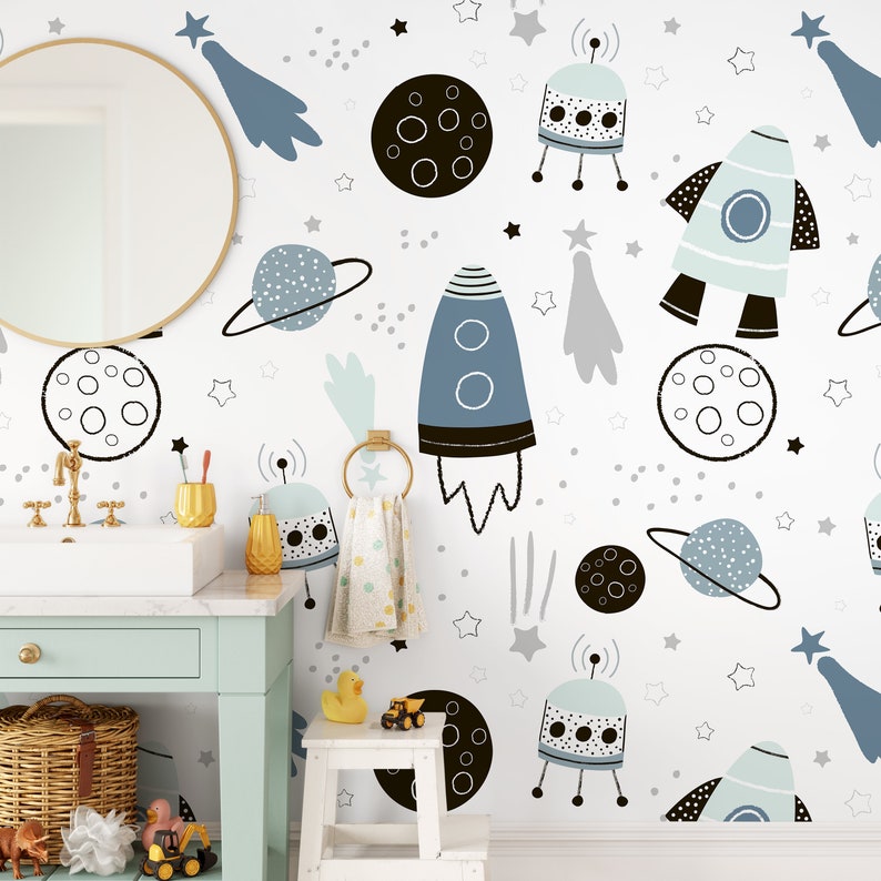 Kids Wallpaper Nursery Wallpaper Space Wallpaper Kids Room Decor Wall ...