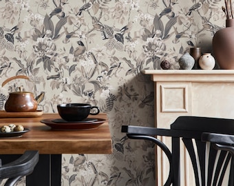 Bird Wallpaper / Traditional Wallpaper / Removable Peel and Stick Wallpaper, Self-Adhesive, Renter Friendly, Feminine Wallpaper - E118 B