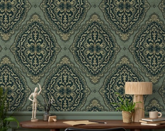Damask Wallpaper with an Ornate Medallion Motif in Teal, Green, and Beige - E508
