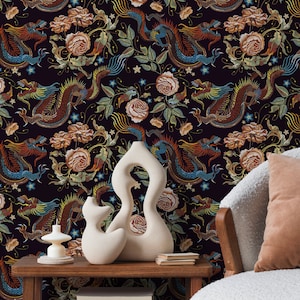 Dark Chinoiserie Wallpaper Dragon and Roses Wallpaper Peel and Stick and Traditional Wallpaper - D879