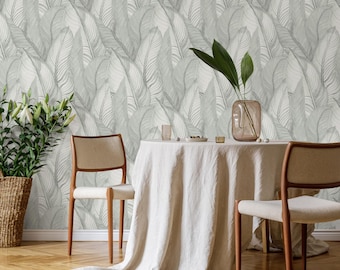 Light Sage Green Palm Leaves Wallpaper, Subtle Design Palm Leaf Wallpaper, Botanical Peel and Stick or Traditional material - E029