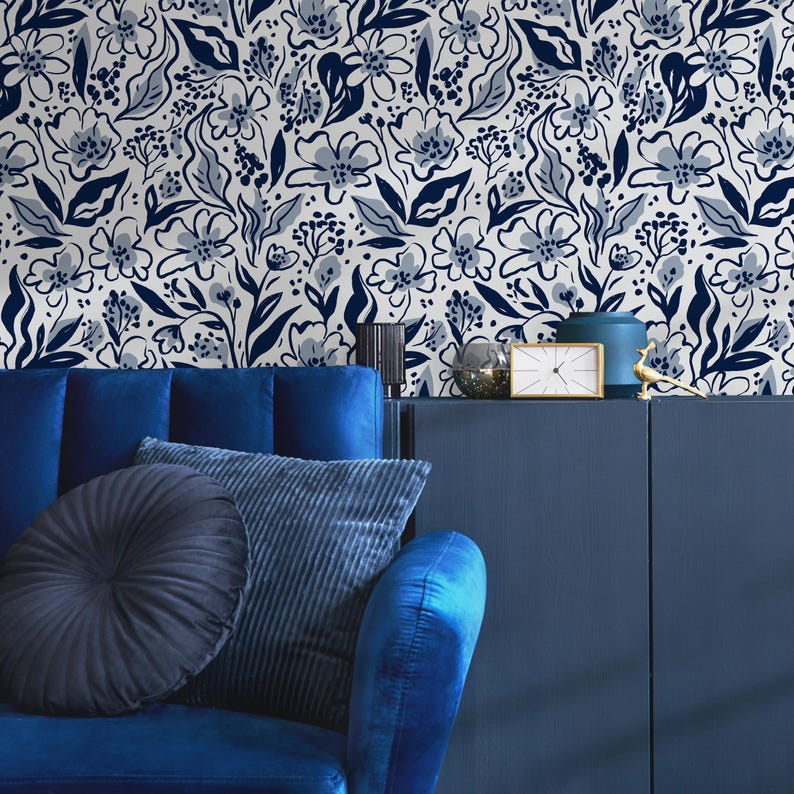 Navy Floral and Leaf Wallpaper / Peel and Stick Wallpaper Removable ...