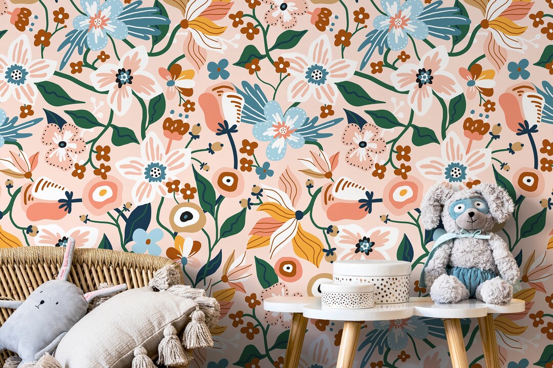 Pink Floral Garden Wallpaper / Peel and Stick Wallpaper Removable ...