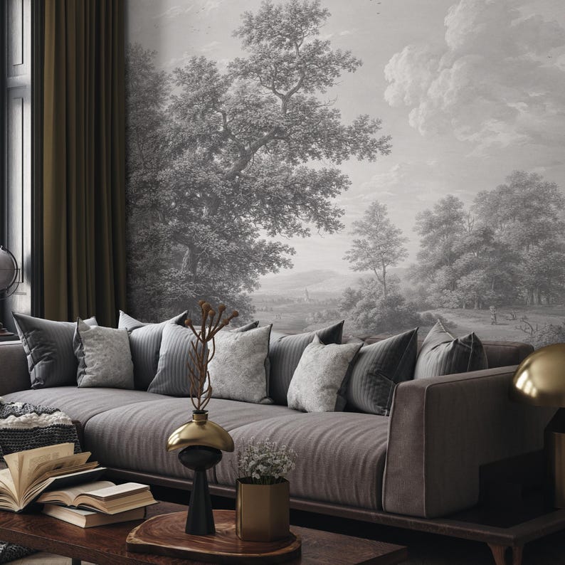 Scenic Wallpaper With a Vintage Pastoral Scene in Black and White ...