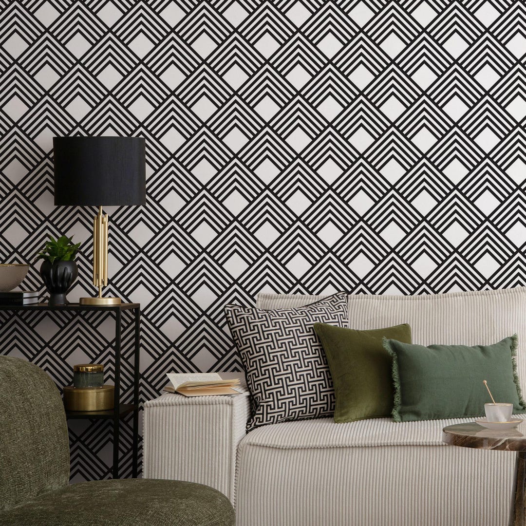Art Deco Peel and Stick Wallpaper - Bold Geometric Chevron in Black and ...