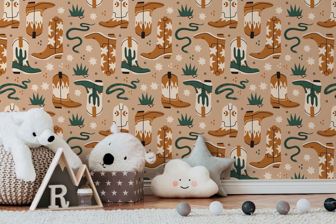Beige Cowboys Boots and Snakes Wallpaper / Peel and Stick - Etsy