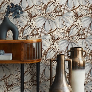 Botanical Wallpaper with a Vintage Floral Motif in Blue and Brown - C831
