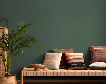 May include: A cozy living room scene with a green wall and a wooden daybed adorned with patterned pillows. A woven basket holds a potted plant, and a wooden bowl with decorative items sits on the daybed. A warm and inviting interior.