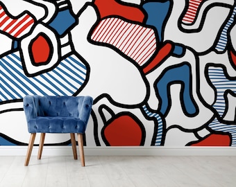 Wallpaper Peel and Stick Wallpaper Removable Wallpaper Home Decor Wall Art Wall Decor Room Decor / Blue and Red Abstract Wallpaper - X146
