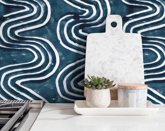 Abstract Wallpaper with Wavy Serpentine Lines in Blue and White - X094
